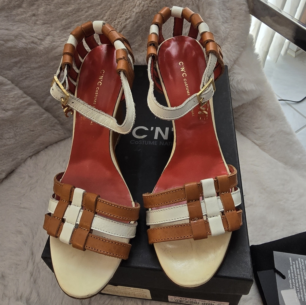 CNC Custom National orange&white leather platform sandals(4,5"). Used. S…